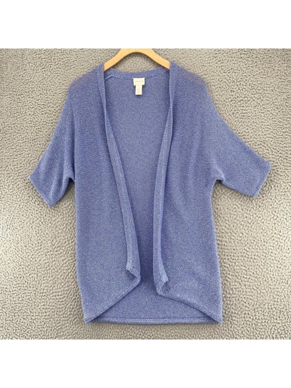 Chicos Sweater Women 0 US Small Blue Metallic Knit Dolman Short Sleeve Cardigan